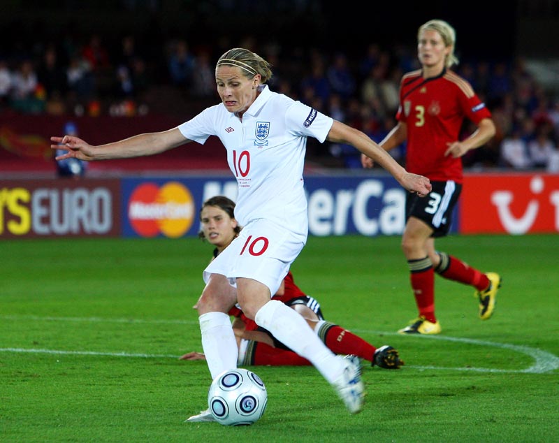Kelly Smith smashes in England's second goal against Germany in the Final of Euro 2009